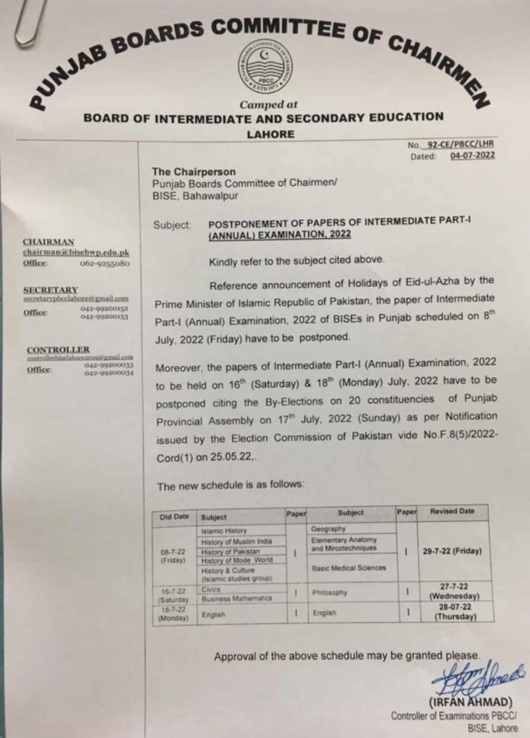 BISE Hyderabad Board 11th Class Date Sheet 2023 2024