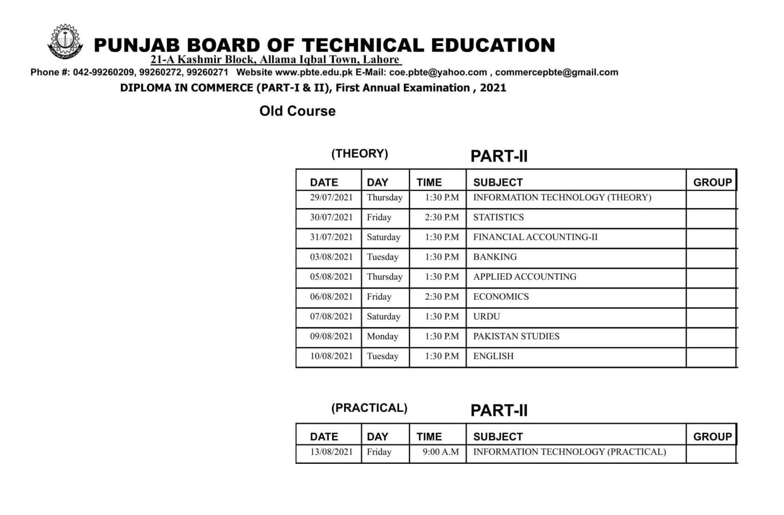 Part 1 & 2 Date Sheet 2023 PBTE Punjab Board