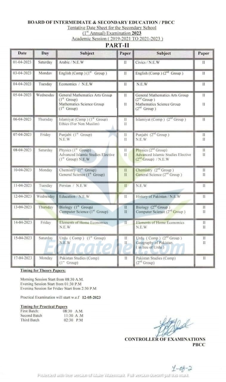 10th Class Supplementary Date Sheet 2023 Punjab Board 2024